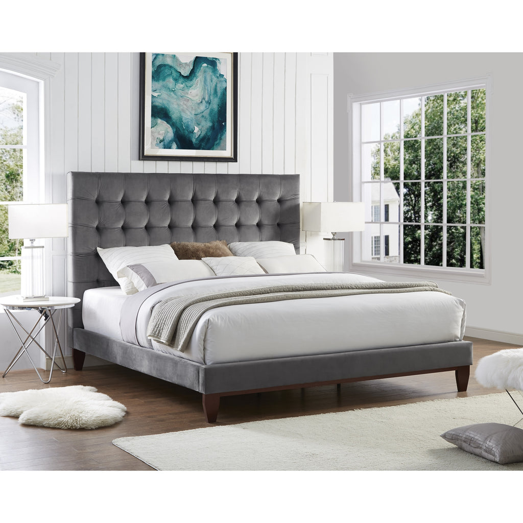 Beige Solid Wood Full Tufted Upholstered Linen Bed