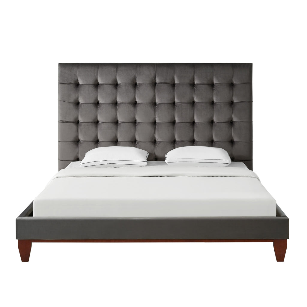 Beige Solid Wood Full Tufted Upholstered Linen Bed