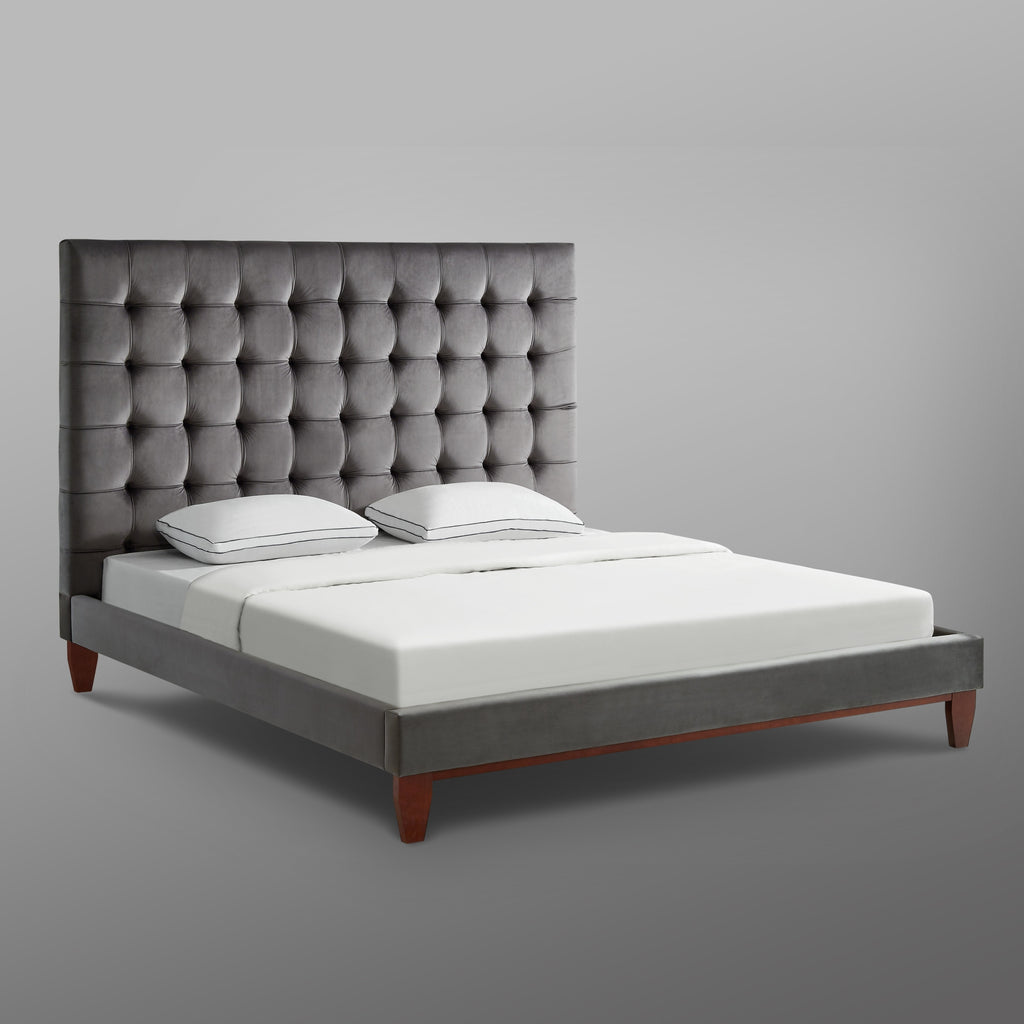 Beige Solid Wood Full Tufted Upholstered Linen Bed