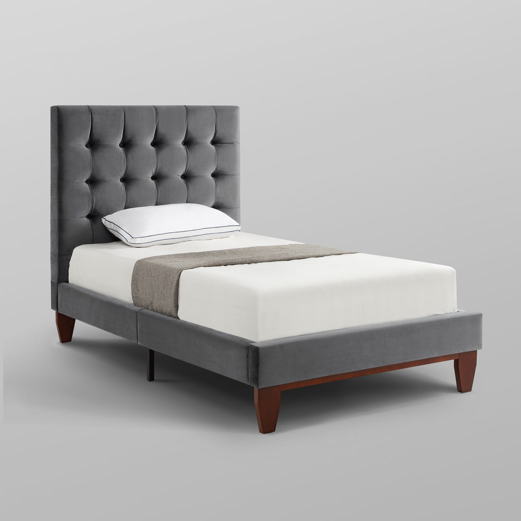 Beige Solid Wood Full Tufted Upholstered Linen Bed