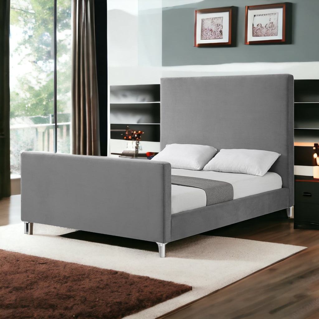 Gray Solid Wood King Upholstered Linen Bed