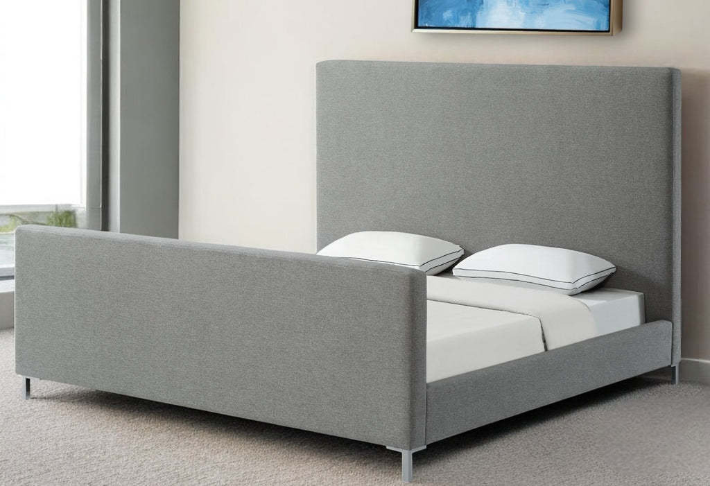 Gray Solid Wood King Upholstered Linen Bed