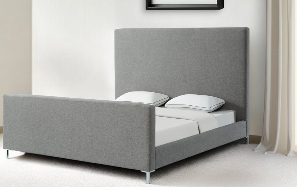 Gray Solid Wood King Upholstered Linen Bed