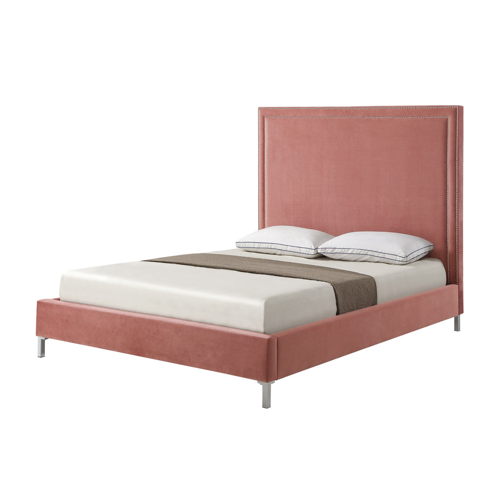 Blush Solid Wood Twin Upholstered Velvet Bed with Nailhead Trim