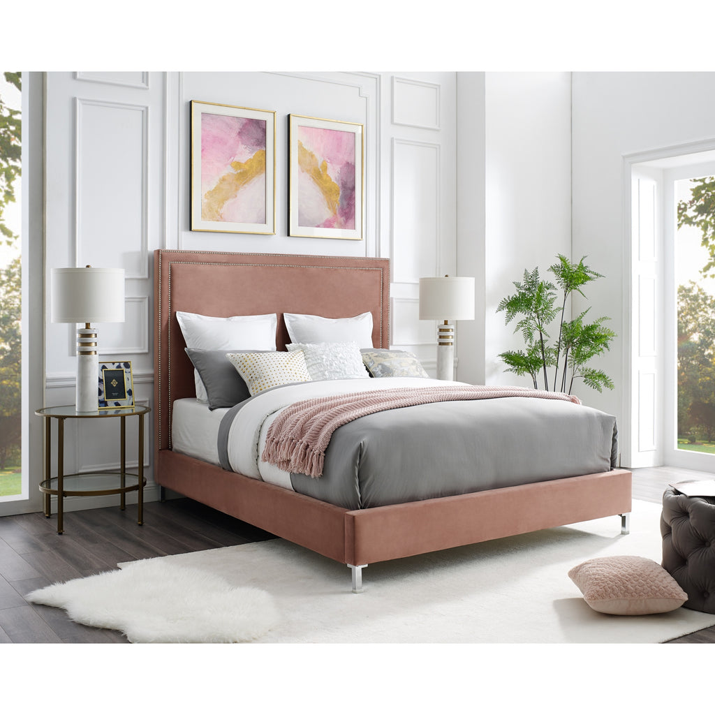 Blush Solid Wood Twin Upholstered Velvet Bed with Nailhead Trim