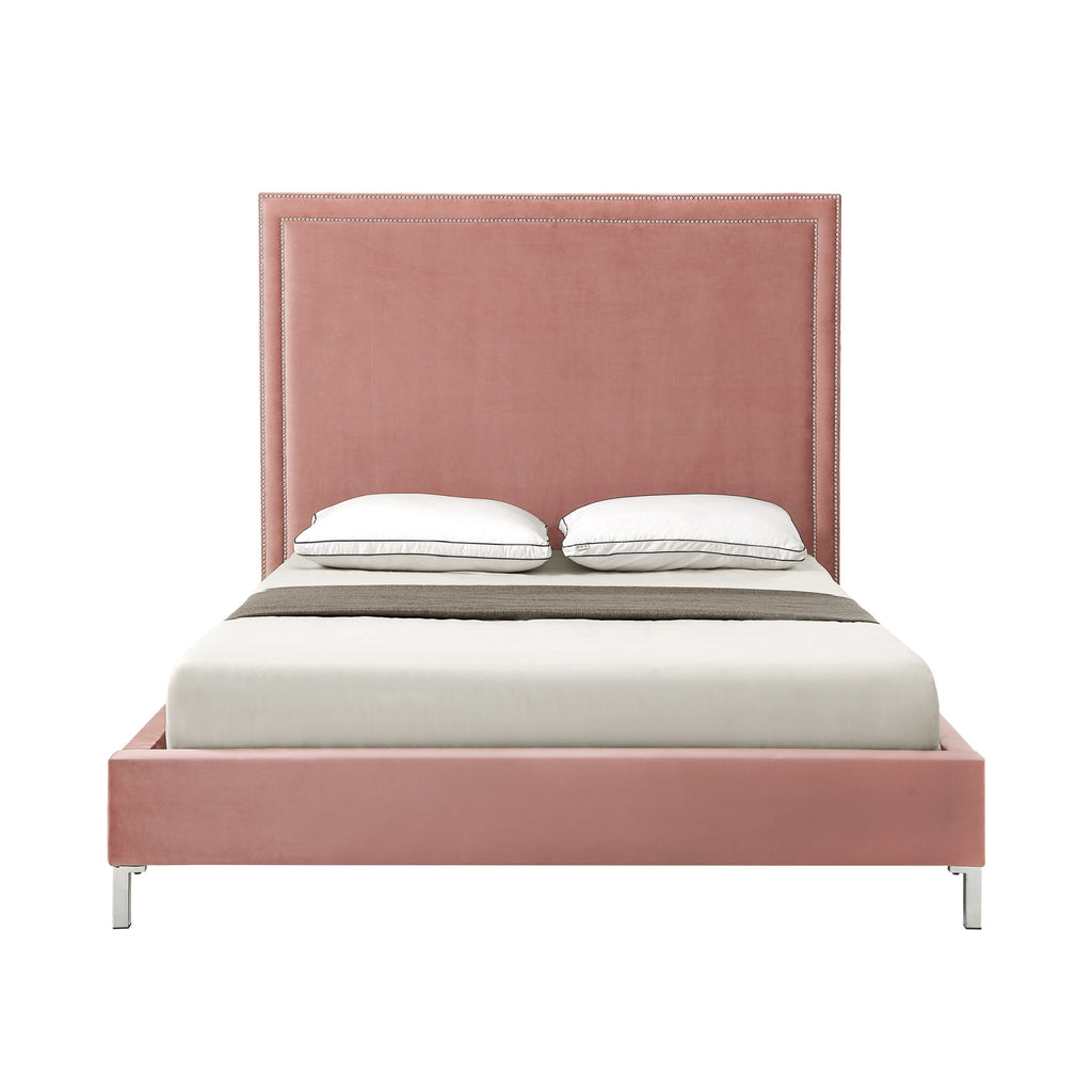 Blush Solid Wood Twin Upholstered Velvet Bed with Nailhead Trim