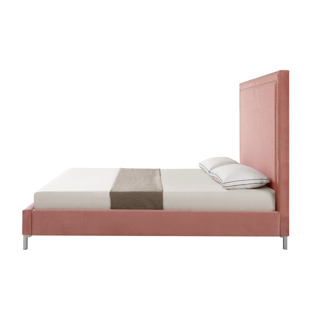 Blush Solid Wood Twin Upholstered Velvet Bed with Nailhead Trim