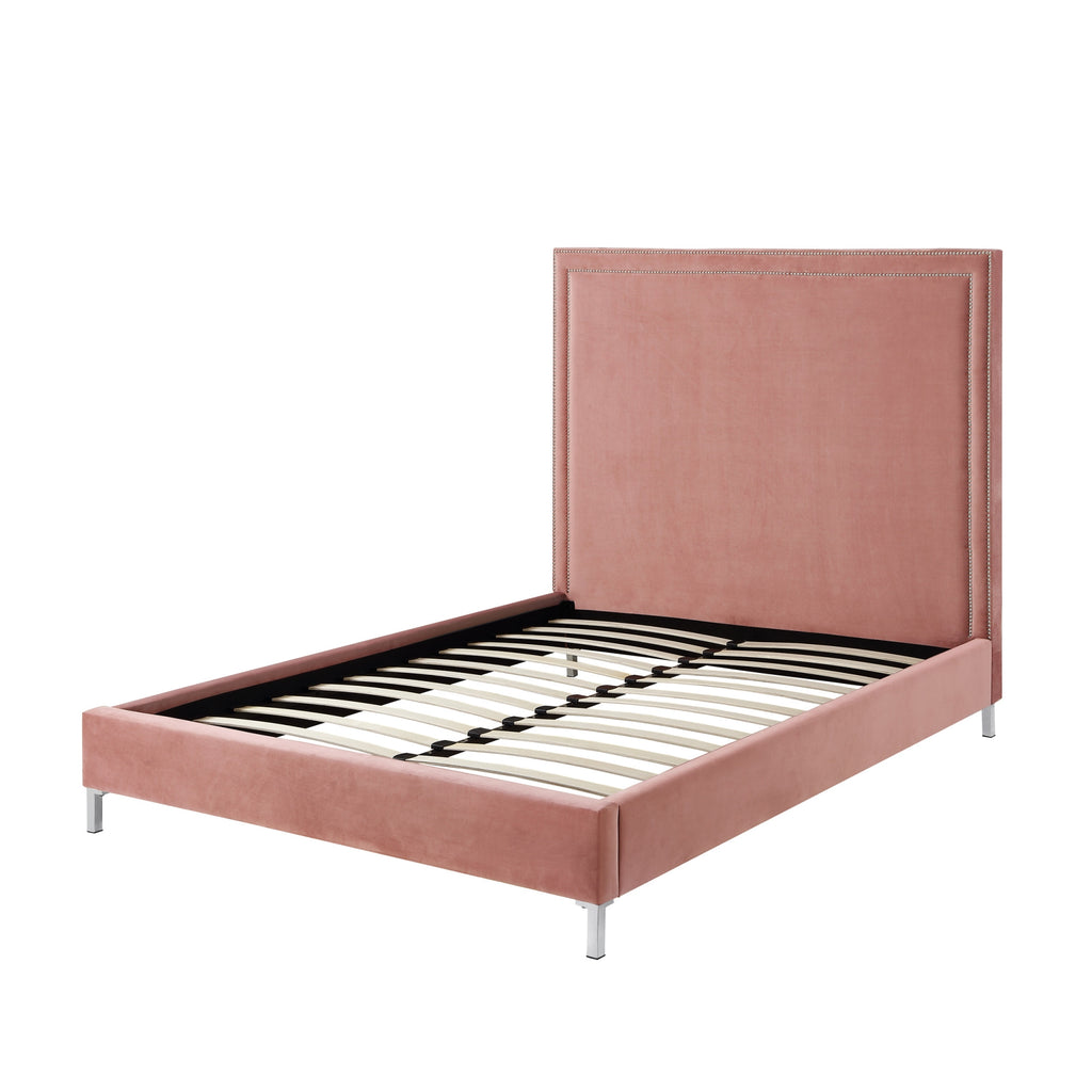 Blush Solid Wood Twin Upholstered Velvet Bed with Nailhead Trim