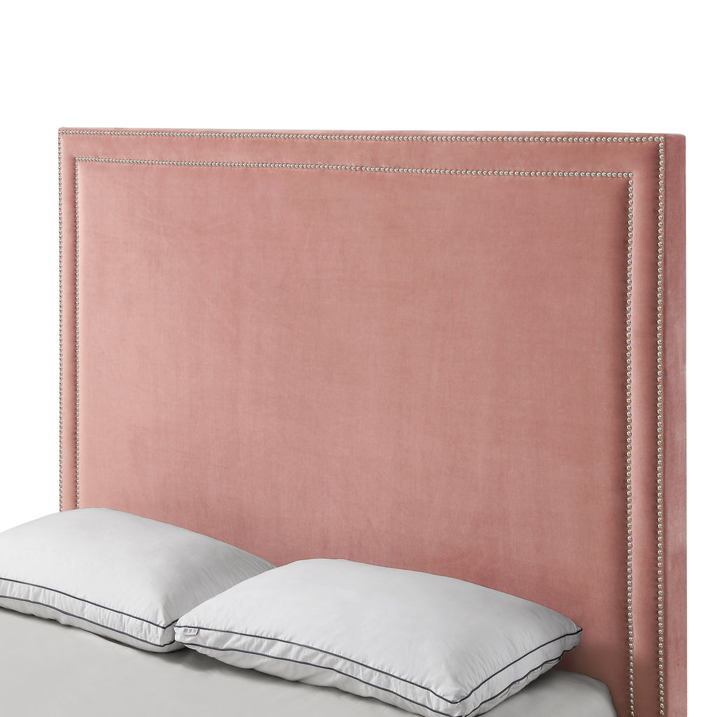 Blush Solid Wood Twin Upholstered Velvet Bed with Nailhead Trim