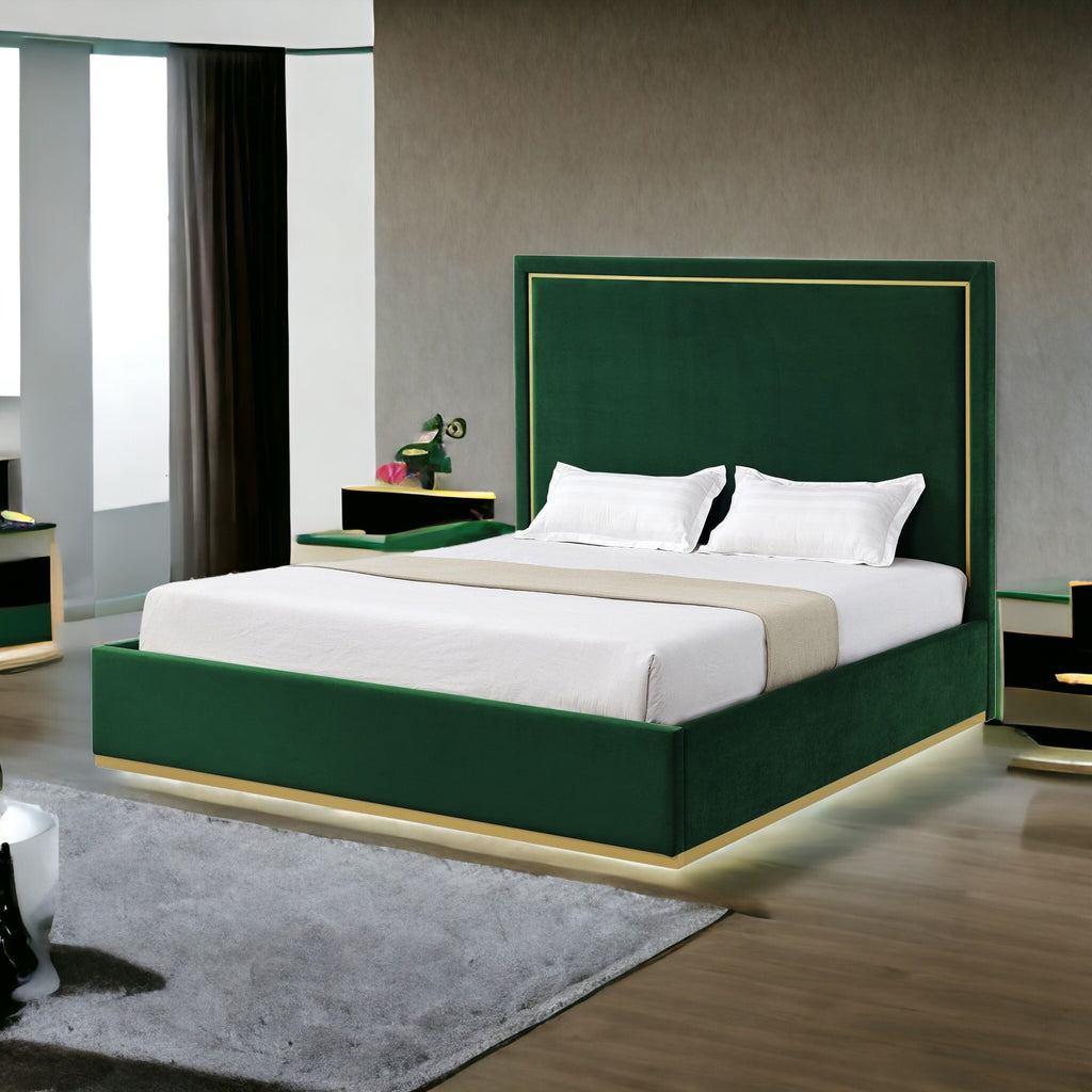 Hunter Green Solid Wood Queen Upholstered Velvet Bed