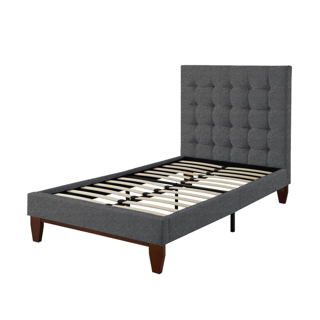 Beige Solid Wood Full Tufted Upholstered Linen Bed