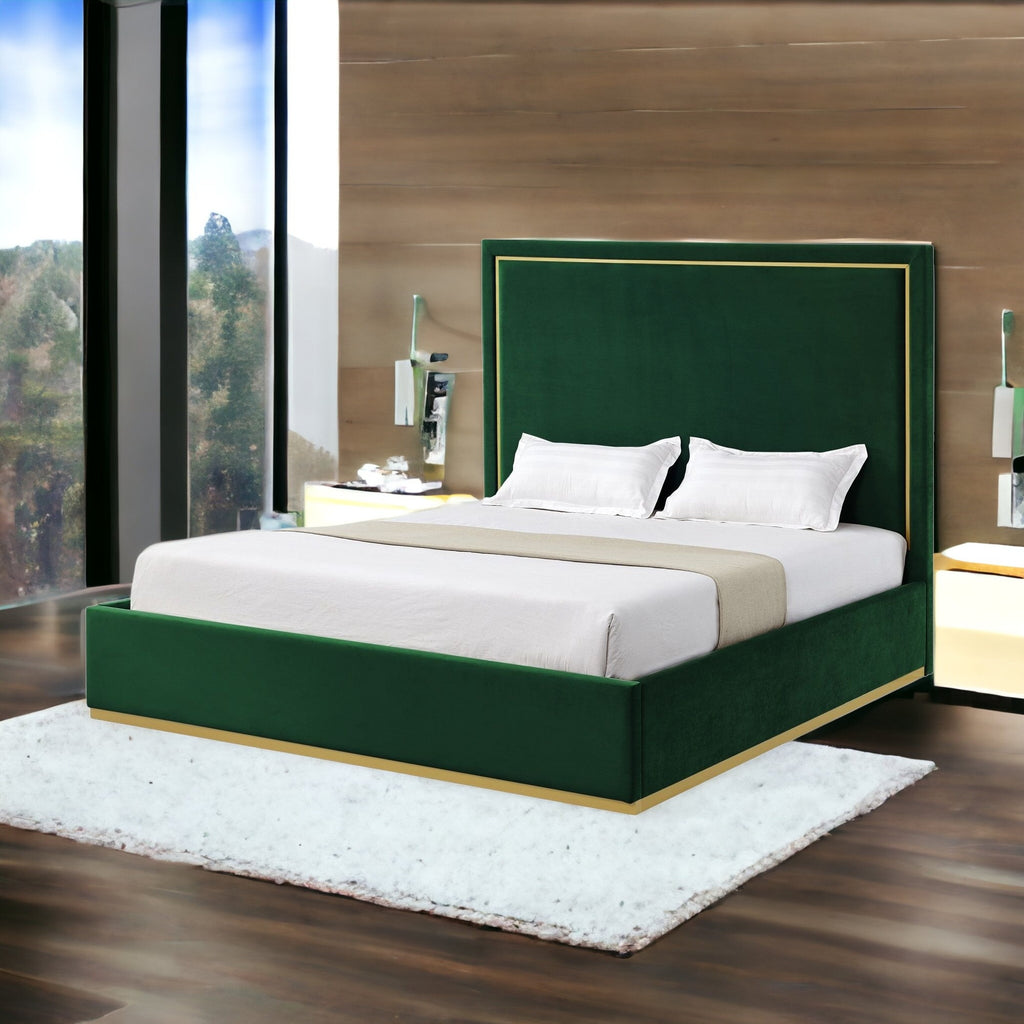 Hunter Green Solid Wood Queen Upholstered Velvet Bed