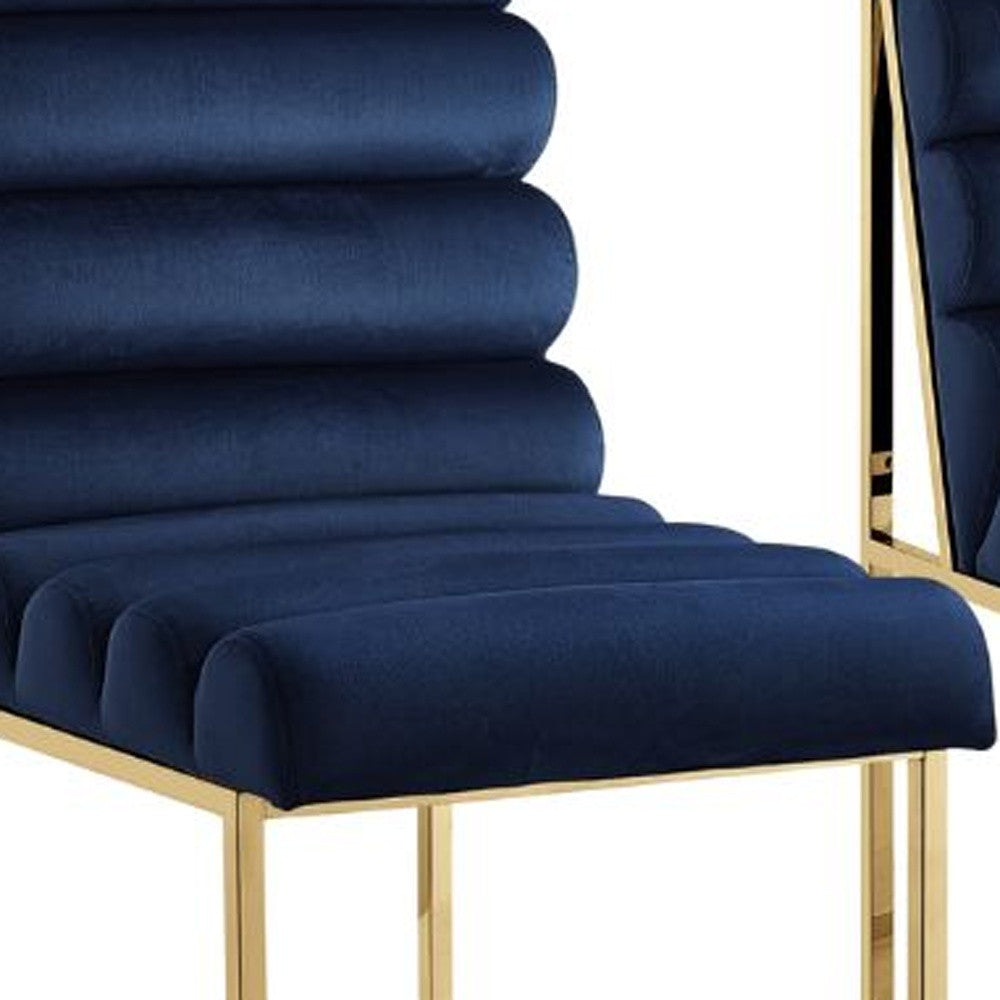 Set of Two Tufted Navy Blue And Gold Upholstered Velvet Dining Side Chairs