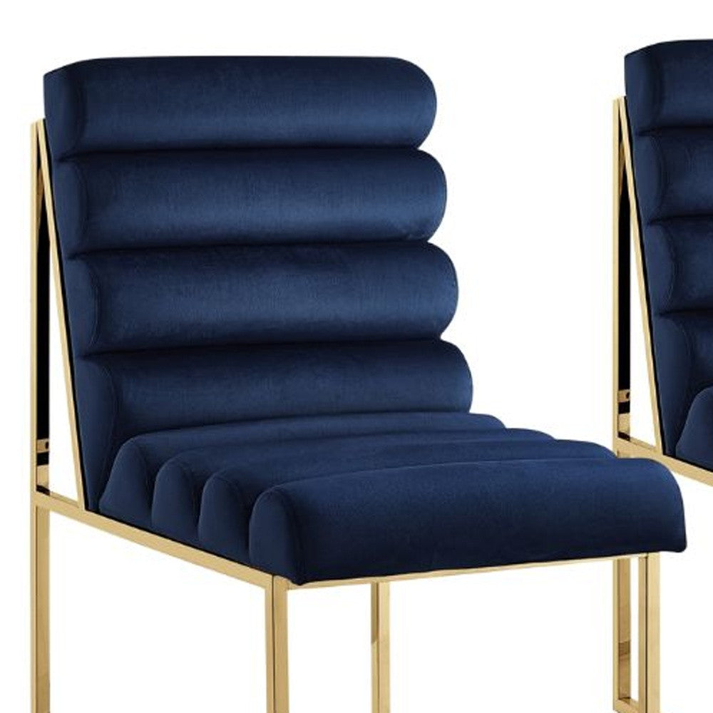 Set of Two Tufted Navy Blue And Gold Upholstered Velvet Dining Side Chairs