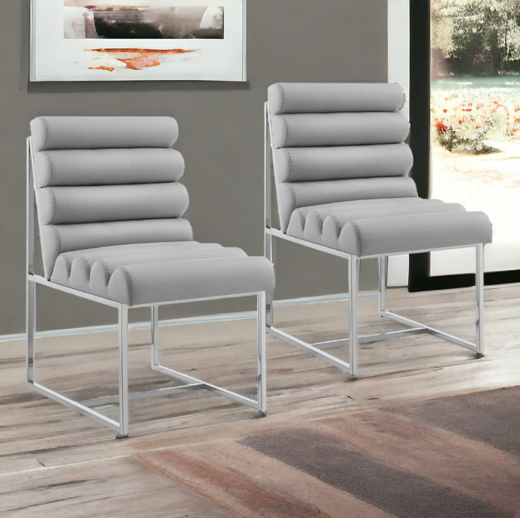 Set of Two Tufted Gray And Silver Metallic Upholstered Faux Leather Dining Side Chairs