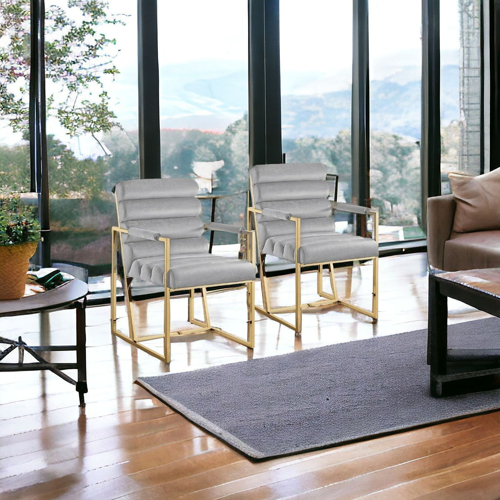 Set of Two Tufted Gray And Gold Upholstered Velvet Dining Arm Chairs