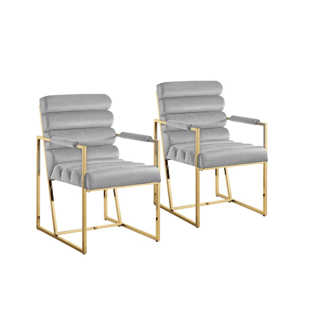 Set of Two Tufted Gray And Gold Upholstered Velvet Dining Arm Chairs