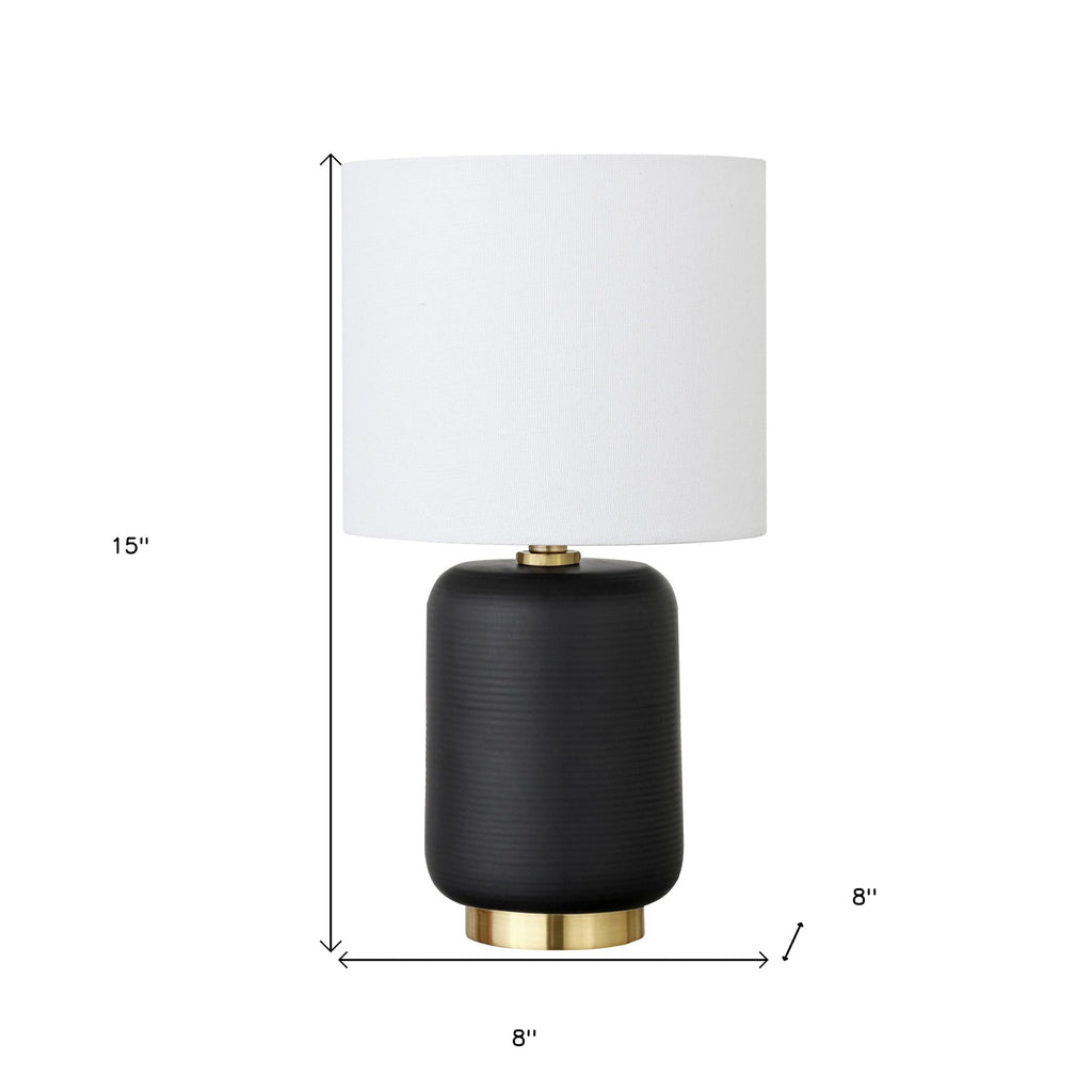 15" Black and Gold Ceramic Cylinder Table Lamp With White Drum Shade