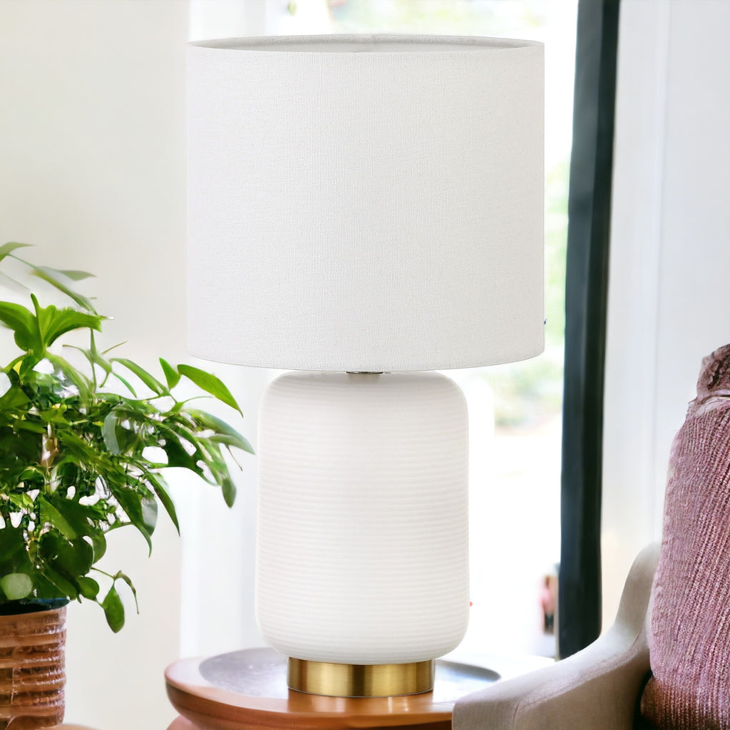 15" Gold and White Ceramic Cylinder Table Lamp With White Drum Shade