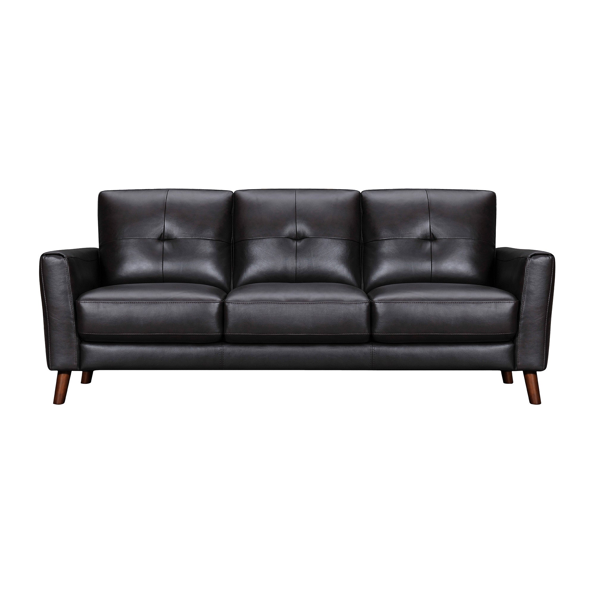 82" Black Leather Sofa With Brown Legs