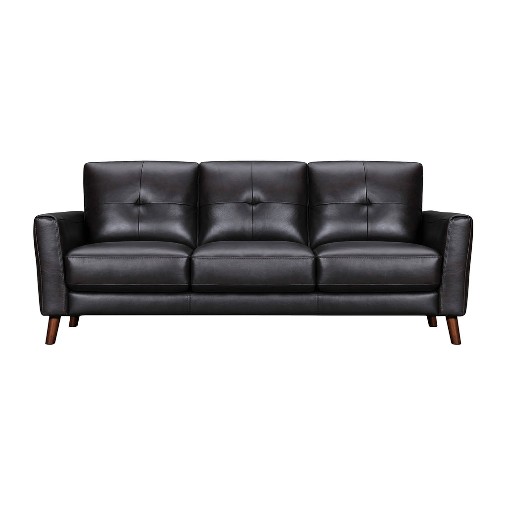 82" Black Leather Sofa With Brown Legs