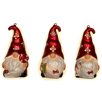 Set of Three Red and White Santa Gnome LED Light Up Christmas Ornaments