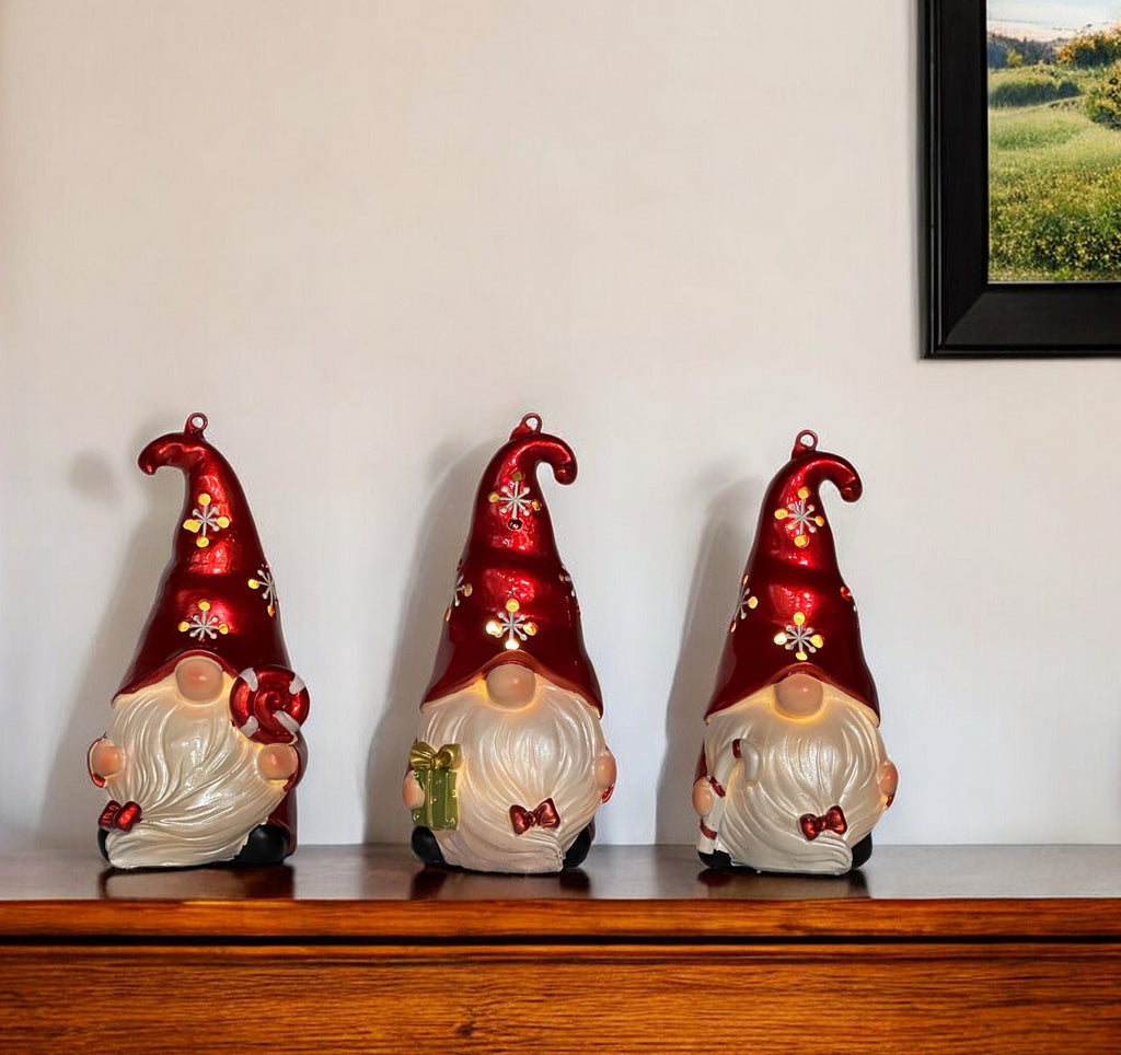 Set of Three Red and White Santa Gnome LED Light Up Christmas Ornaments