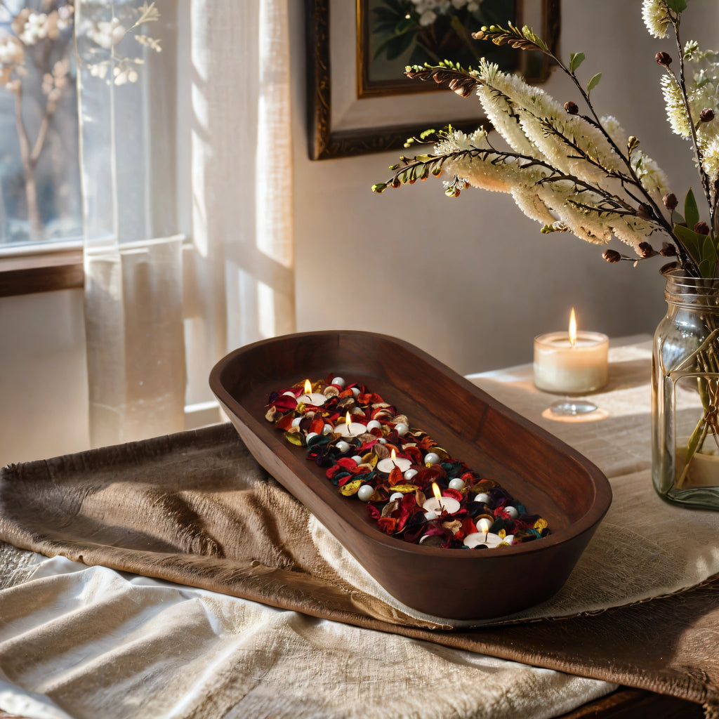 22" Dark Brown Acacia Wood Oval Centerpiece Dough Bowl