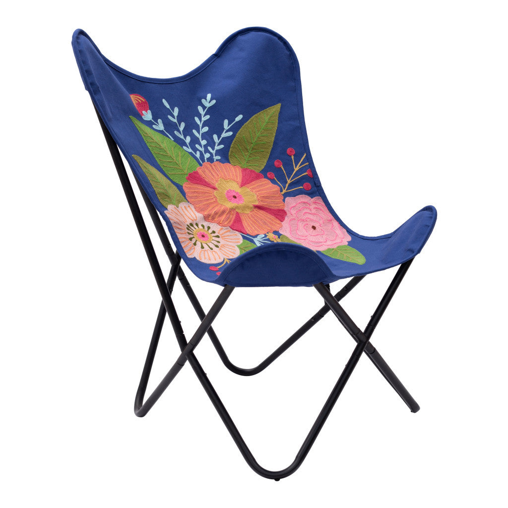 26" Blue And Black Tropical Oversized Flowers Butterfly Chair