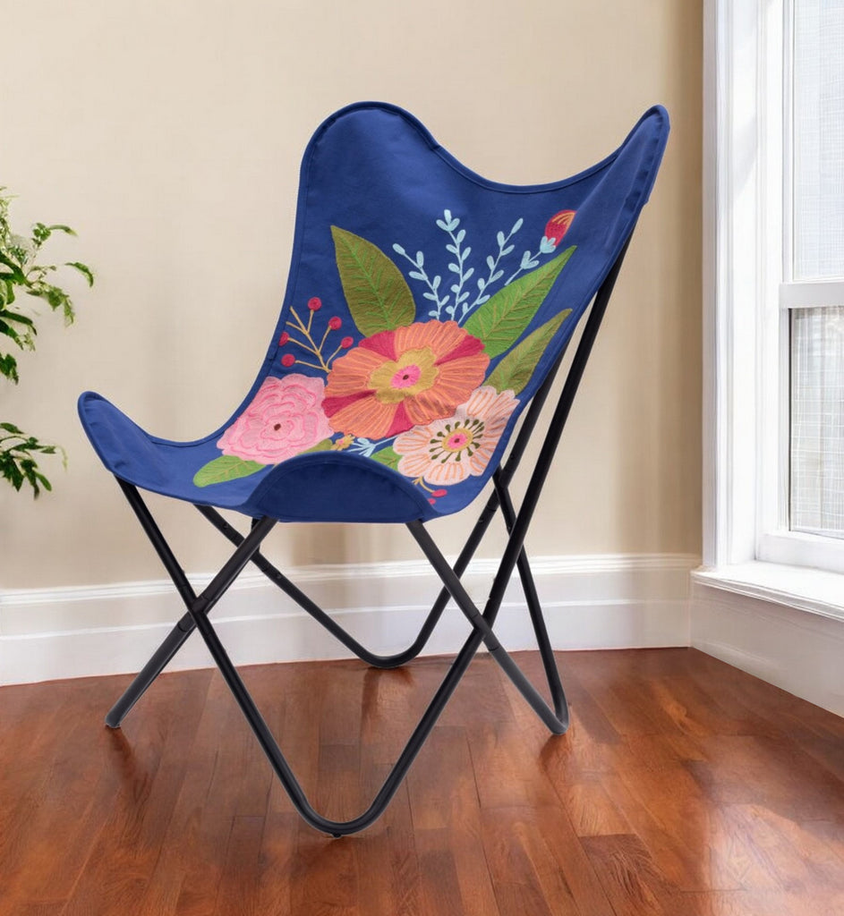 26" Blue And Black Tropical Oversized Flowers Butterfly Chair