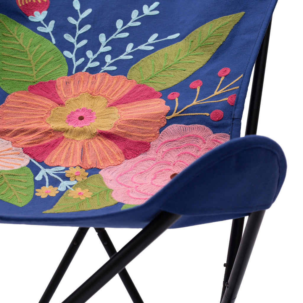 26" Blue And Black Tropical Oversized Flowers Butterfly Chair