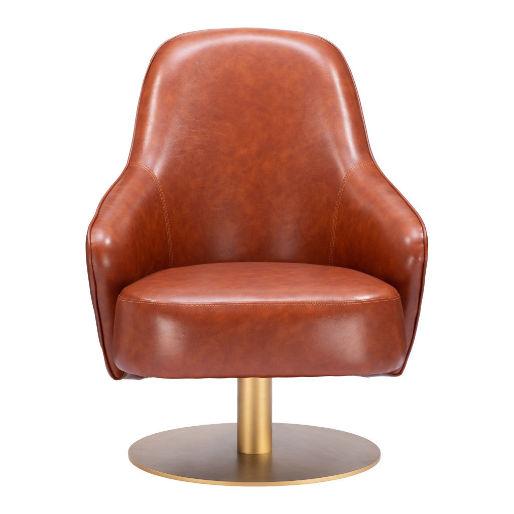 28" Brown And Gold Faux Leather Swivel Arm Chair