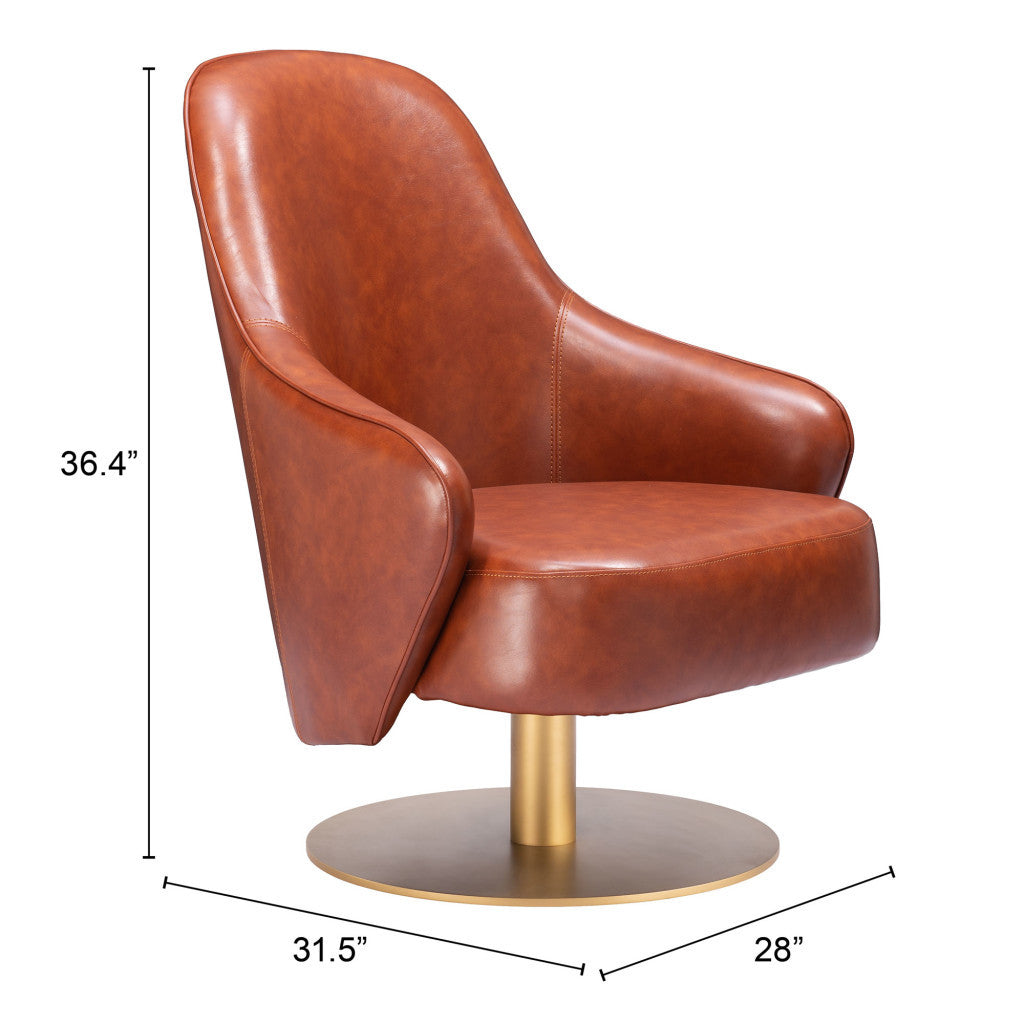 28" Brown And Gold Faux Leather Swivel Arm Chair