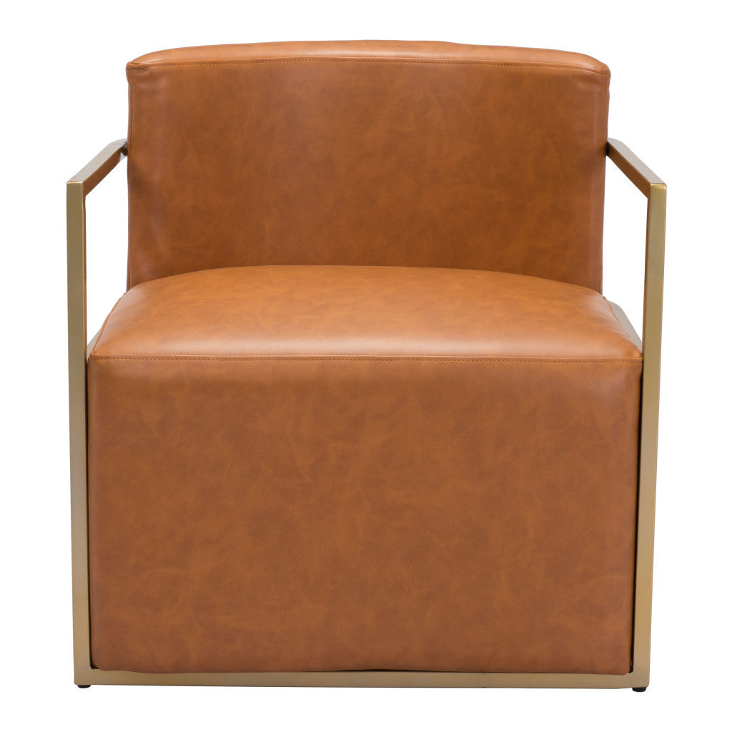 27" Brown And Gold Faux Leather Arm Chair