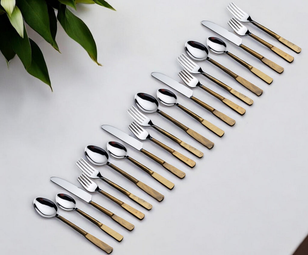 LuxxHomes  Matte Gold Stainless Steel Twenty Piece Hand Forged Flatware Set