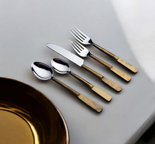 LuxxHomes  Matte Gold Stainless Steel Twenty Piece Hand Forged Flatware Set