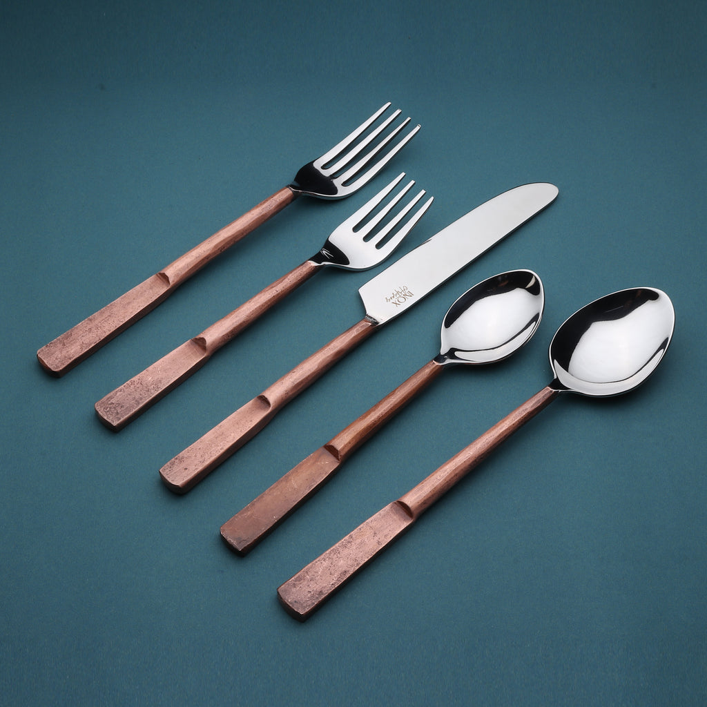 Matte Copper Stainless Steel Five Piece Hand Forged Place Setting