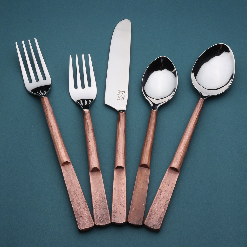 Matte Copper Stainless Steel Five Piece Hand Forged Place Setting