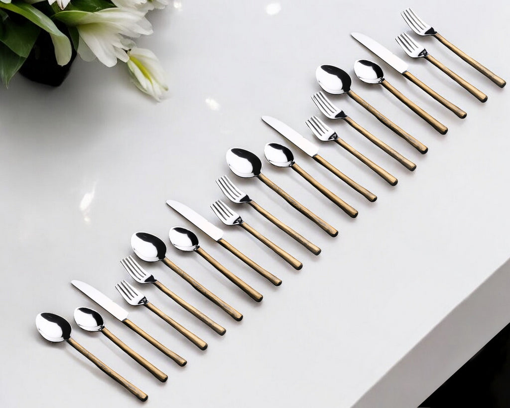 Matte Gold Stainless Steel Twenty Piece Hand Forged Flatware Set