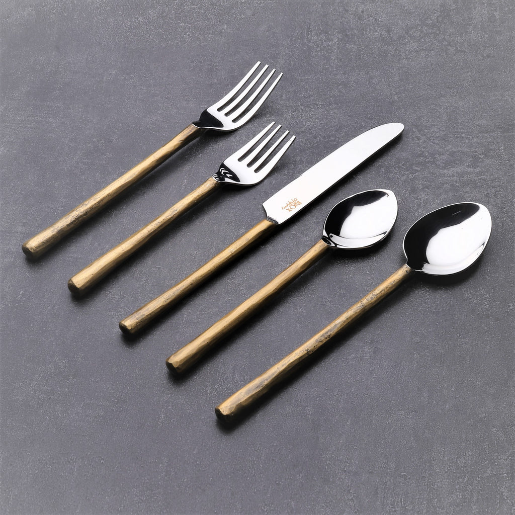 Matte Gold Stainless Steel Twenty Piece Hand Forged Flatware Set