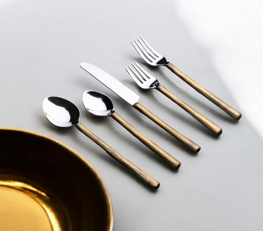 Matte Gold Stainless Steel Five Piece Hand Forged Flatware Set